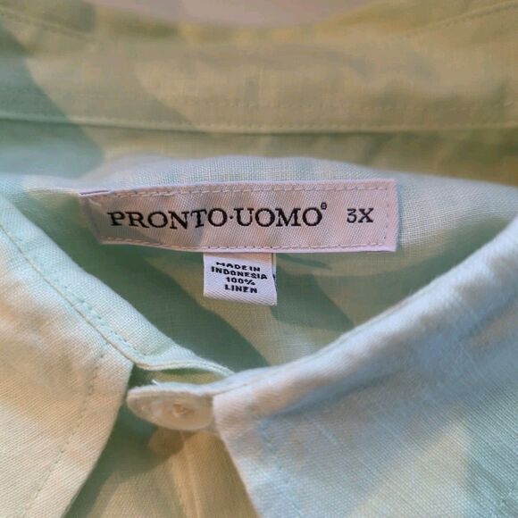 Pronto Uomo Button Down Shirt Mens 3XL Green 100% Linen Short Sleeve Casual - Picture 4 of 6